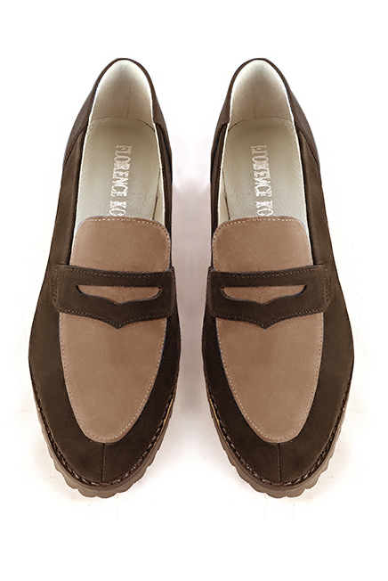 Chocolate brown and biscuit beige women's casual loafers. Round toe. Flat rubber soles. Top view - Florence KOOIJMAN